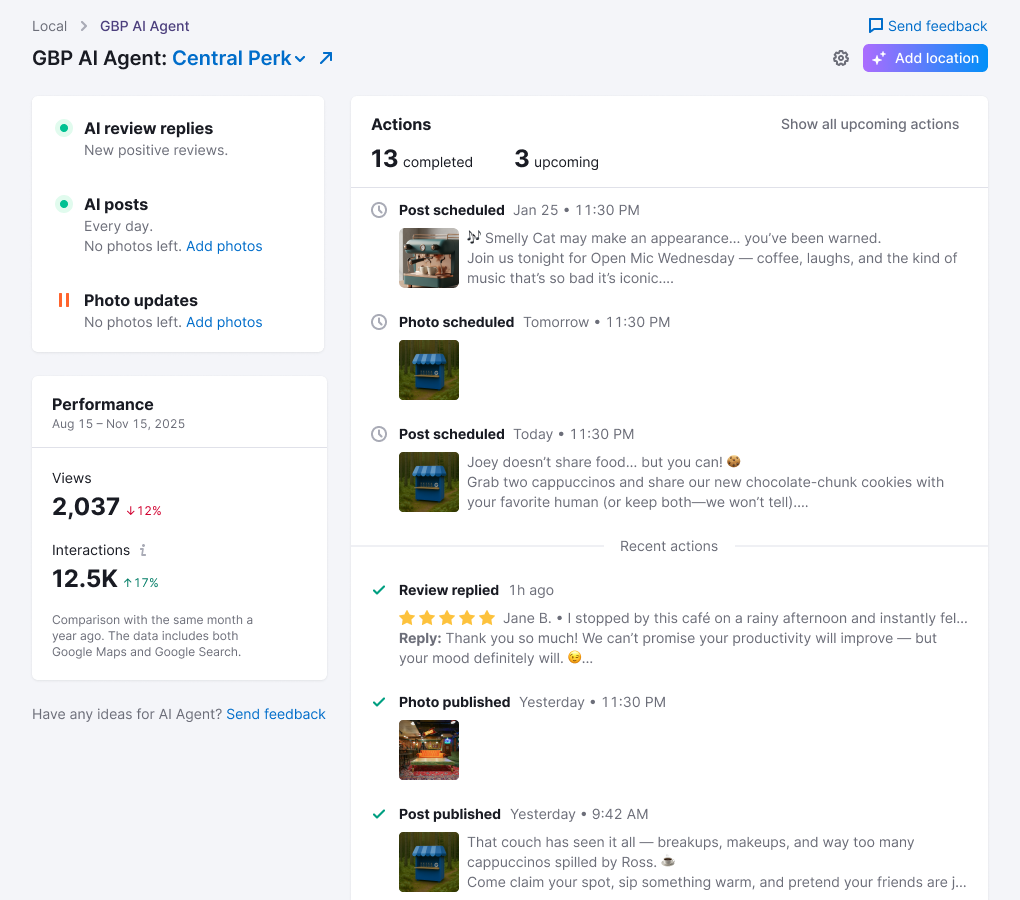 Post-MVP dashboard showing upcoming content previews and recent completed actions