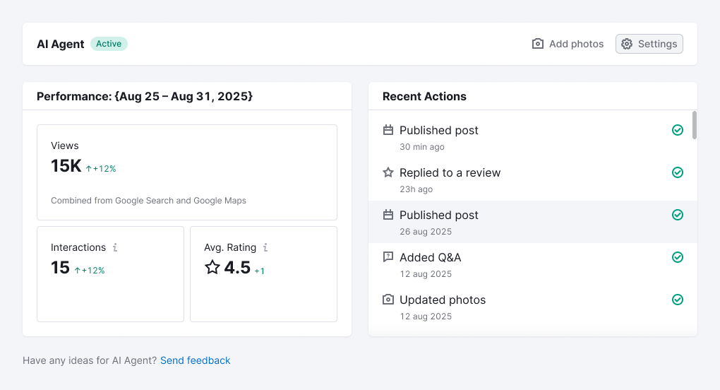 Semrush Google Business Profile AI Agent MVP dashboard