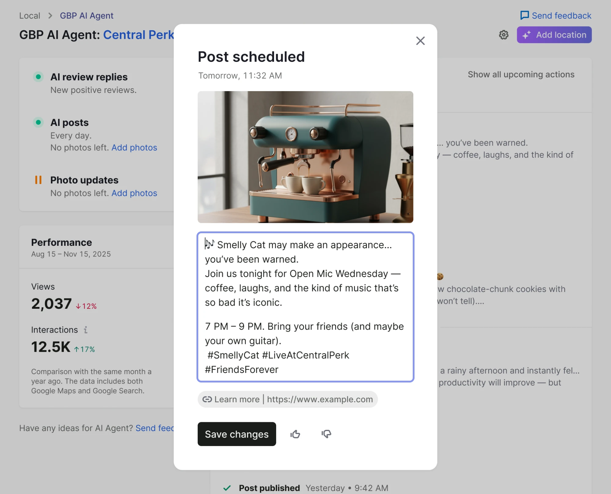 Post-MVP scheduled post editor with generated image, editable copy, link, and save action