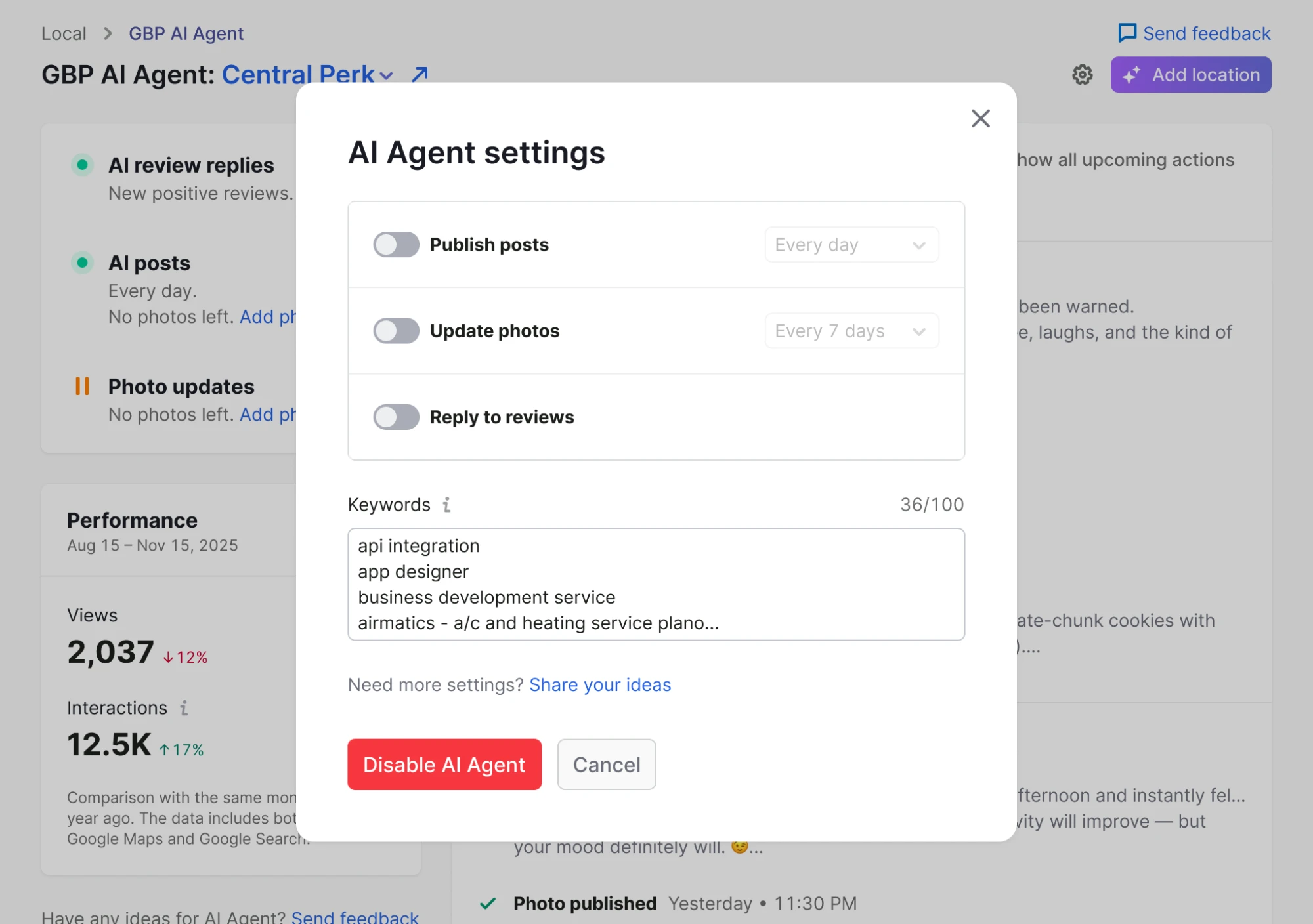 AI Agent settings with every activity switched off, cadence controls greyed out, and a red Disable AI Agent action