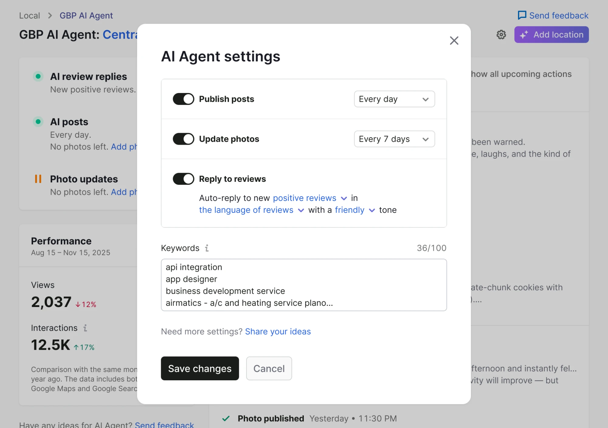 AI Agent settings with posts, photos, and review replies switched on, each with its own cadence control