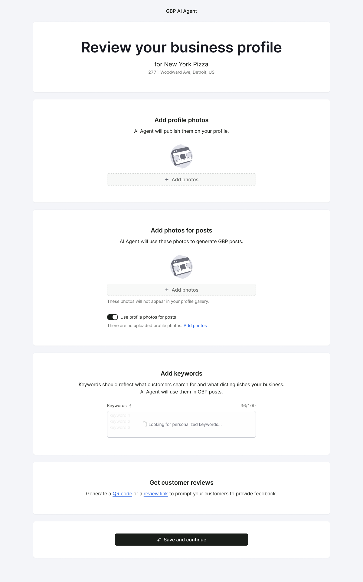 AI Agent setup screen for configuring automated Local SEO activity