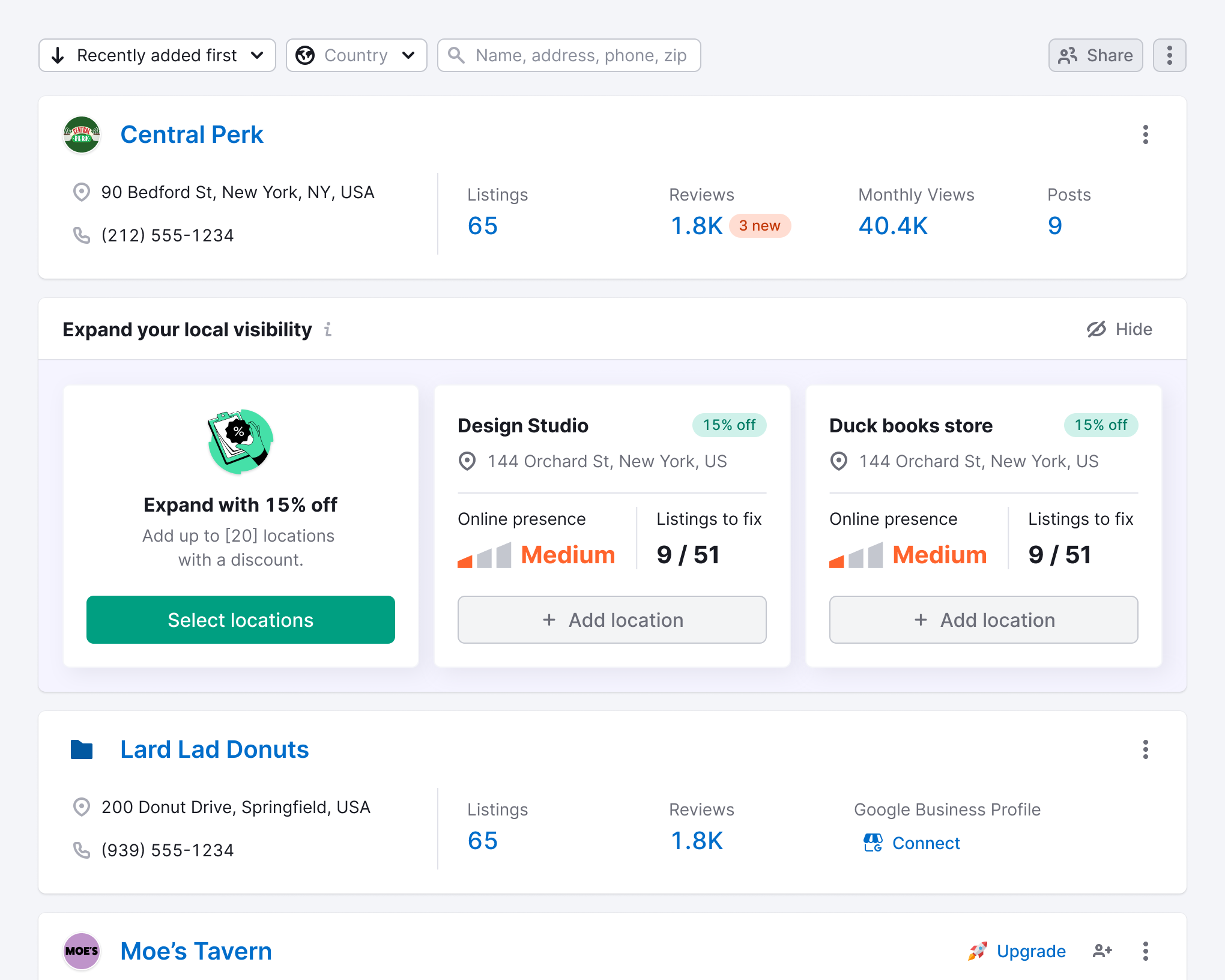 Semrush Locations dashboard with an Expand your local visibility panel